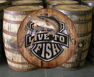 Reclaimed Whiskey Barrel Head Live to Fish